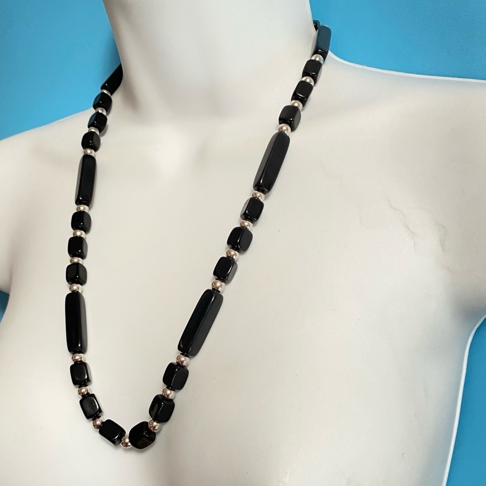 TRIFARI Black Lucite Beaded Necklace Silver Tone Accent Beads Vintage